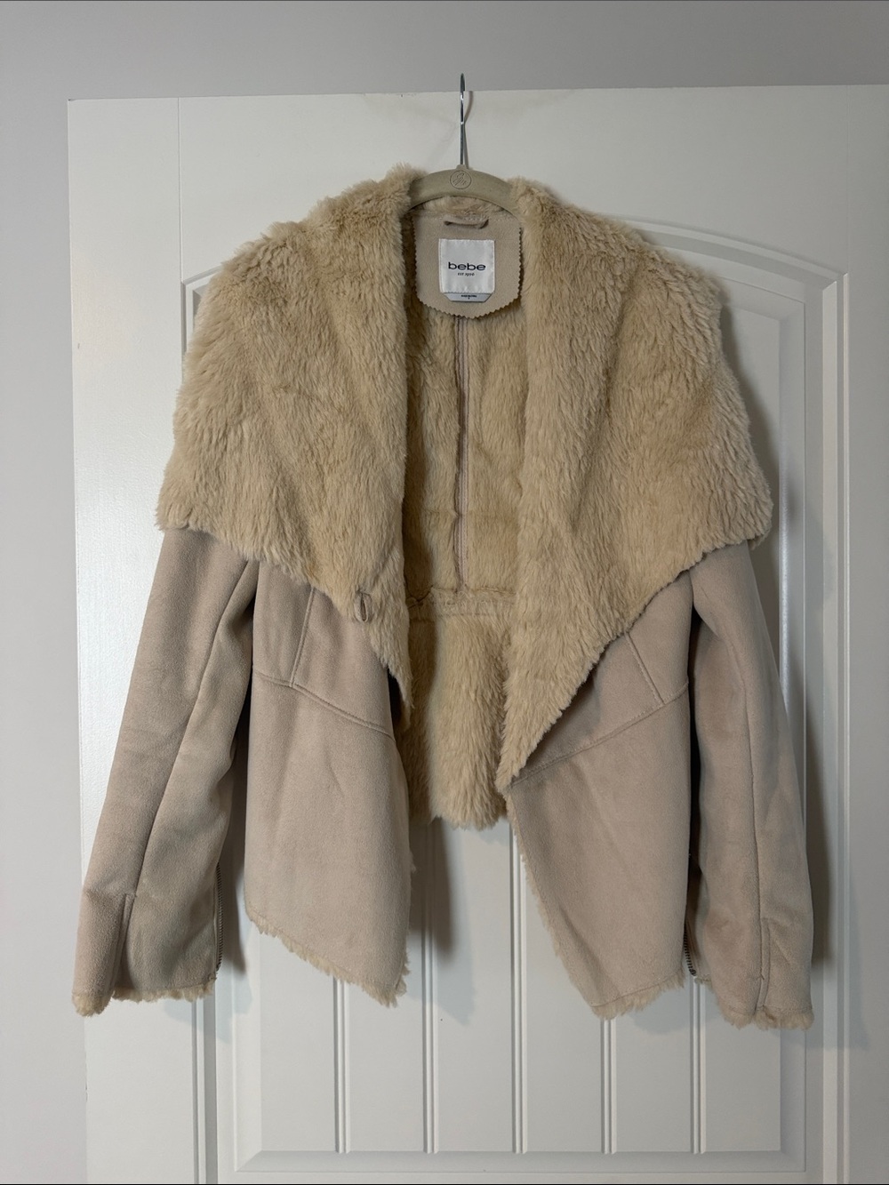 bebe Beige/Tan Faux Shearling Draped Jacket